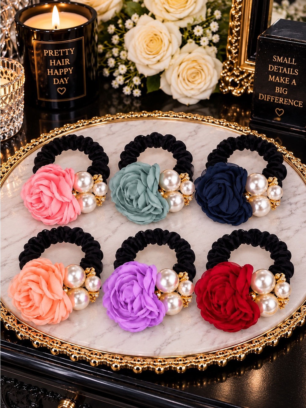 Eleanor ShuMark 6-Piece Floral Pearl Hair Tie Set NWT